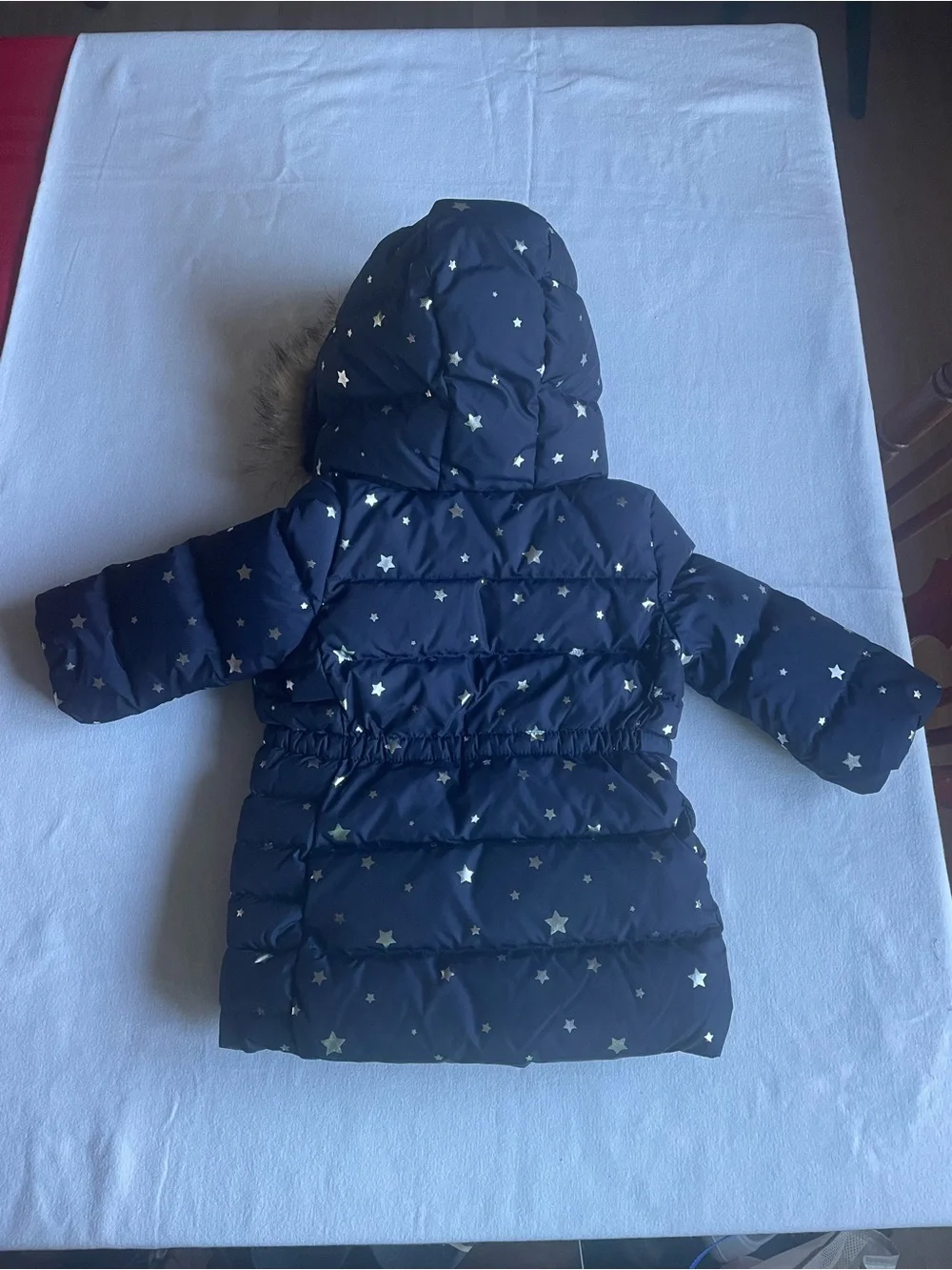 GAP Navy Puffer Coat with Gold Star Print and Faux Fur Hood